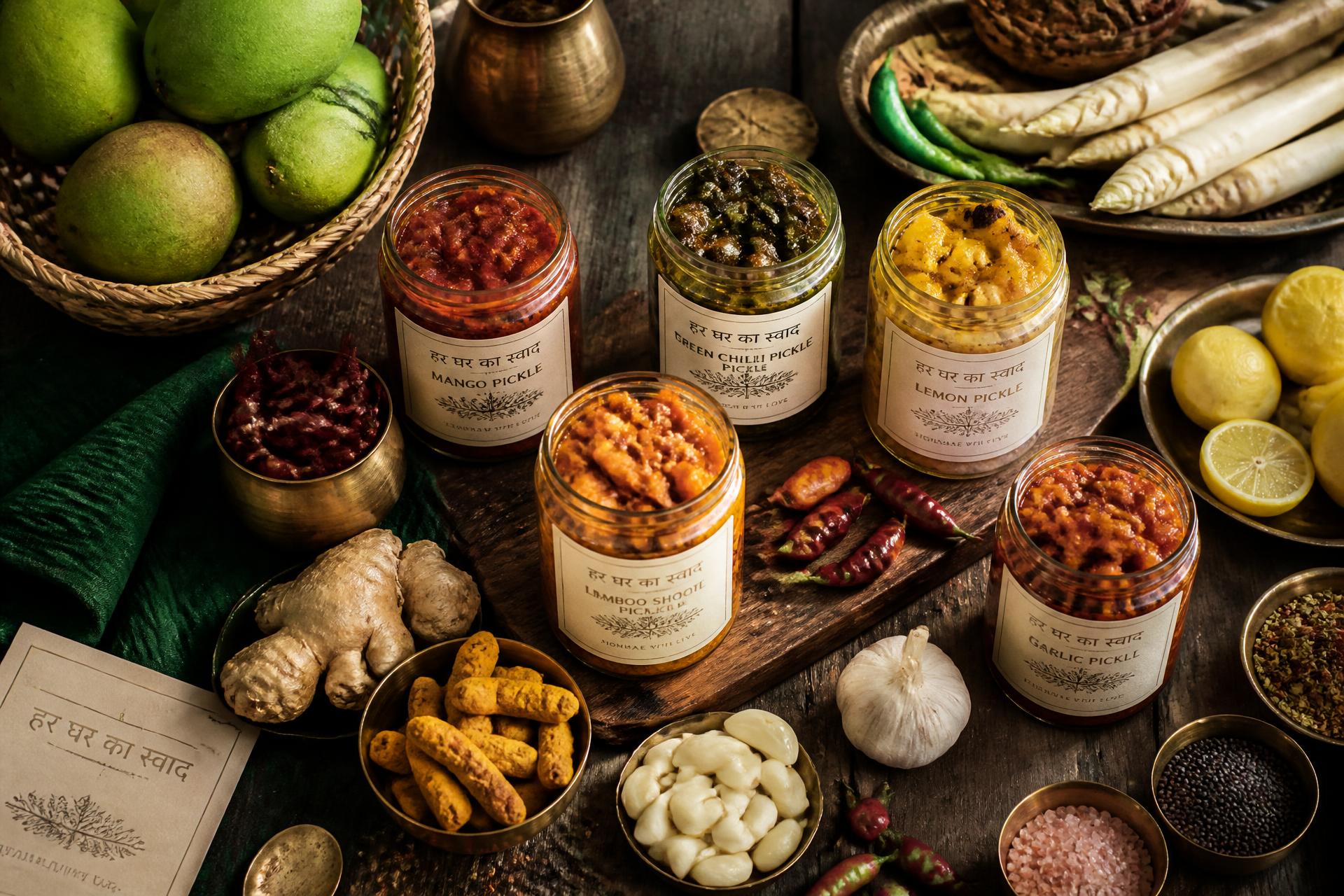 Assortment of homemade Sikkim pickle jars with fresh ingredients